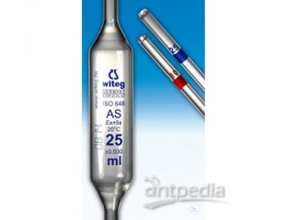 Volumetric pipettes, 50,0 ml, class AS, acc. to   DIN EN ISO 648, with one mark, conformity certified,   waiting time 5 s., blue graduated, color-code red  Pack = 6 pcs.