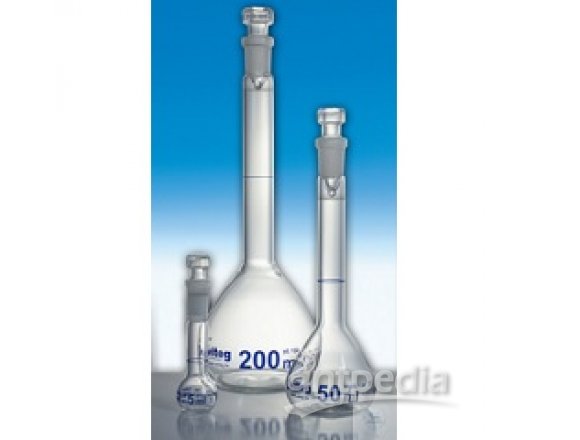 VOLUMETRIC FLASKS, 10 ML, DIN-A, CONFORMITY CERTIFIED,   RING MARKS, INSCRIPTION, BLUE GRADUATED,   ST-HOLLOW GLASS STOPPERS, ST 7/16
