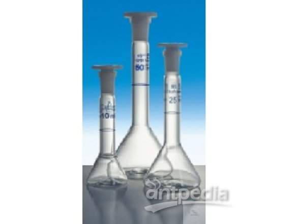 VOLUMETRIC FLASKS, TRAPEZOIDAL, WITH  ST-PE-STOPPER, DIN-A, CONF. CERT.,  100 ML, ST 12/21, DIFFICO BLUE