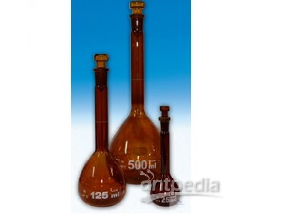 VOLUMETRIC FLASKS, DIN-A, AMBER, WITH  ST-HOLLOW GLASS STOPPERS, CONF. CERT.,  ST 12/21, 25 ML, DIFF