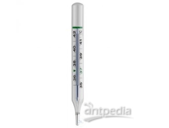 CLINICAL THERMOMETER, OVAL FORM,  ENCLOSED WHITE CHROMALUX-SCALE,  OFFICIALLY TESTED AND STAMPED,  +