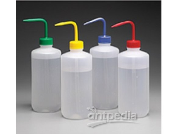 颜色标记的洗瓶，低密度聚乙烯瓶体；聚丙烯螺旋盖/杆和吸管，500mL容量，绿色